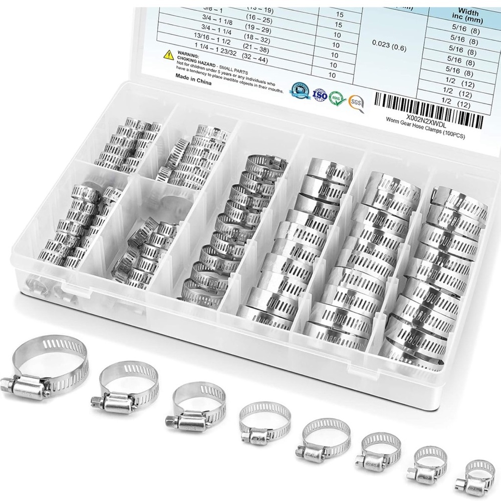 100PCS Hose Clamp Set - 1/4''–1-23/32'' 304 Stainless Steel